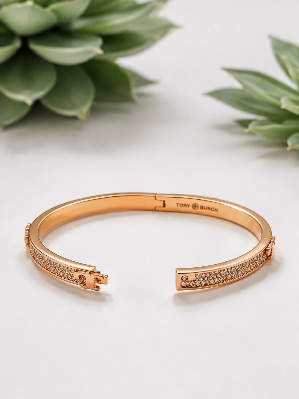 Tory Burch Serif-T pavé hinged bracelet in Rose Gold